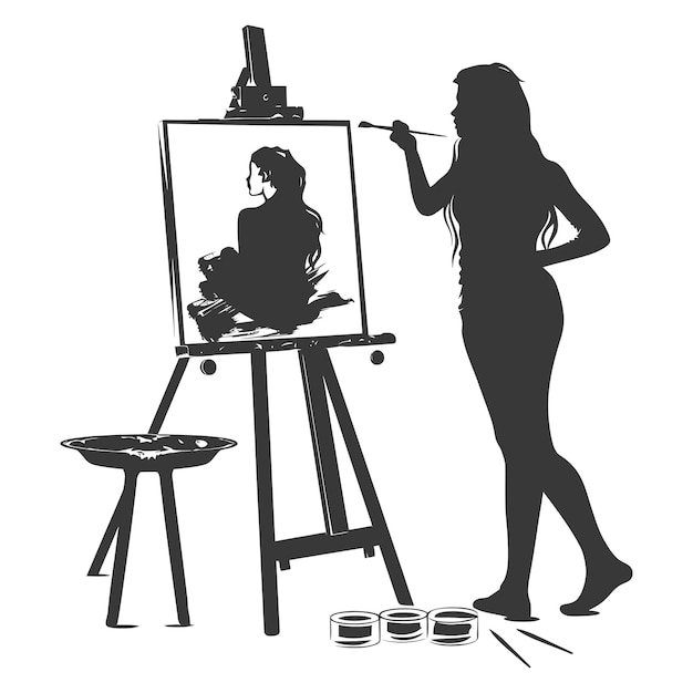 Plik wektorowy artystka sylwetki kobiety malują w akcji tylko czarny kolor