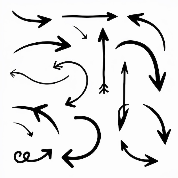 Plik wektorowy asortyment dynamicznych czarnych strzałek o różnych kierunkach, długości i krzywej