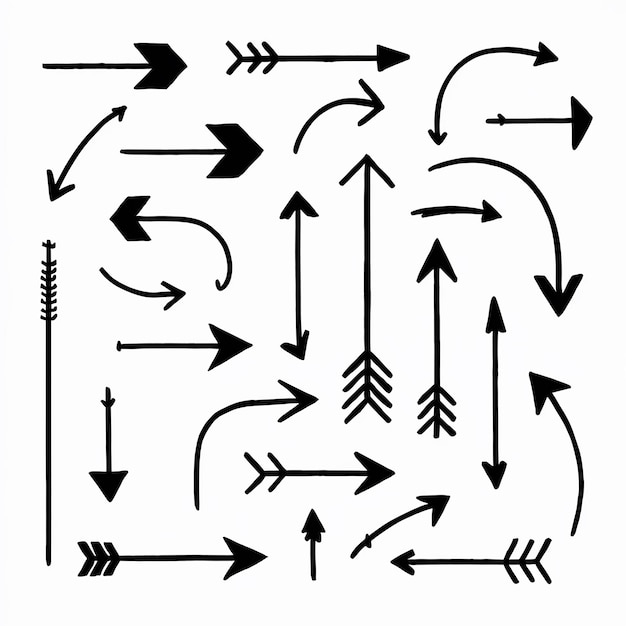 Plik wektorowy asortyment dynamicznych czarnych strzałek o różnych kierunkach, długości i krzywej