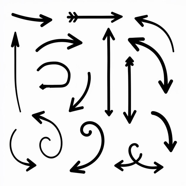 Plik wektorowy asortyment dynamicznych czarnych strzałek o różnych kierunkach, długości i krzywej