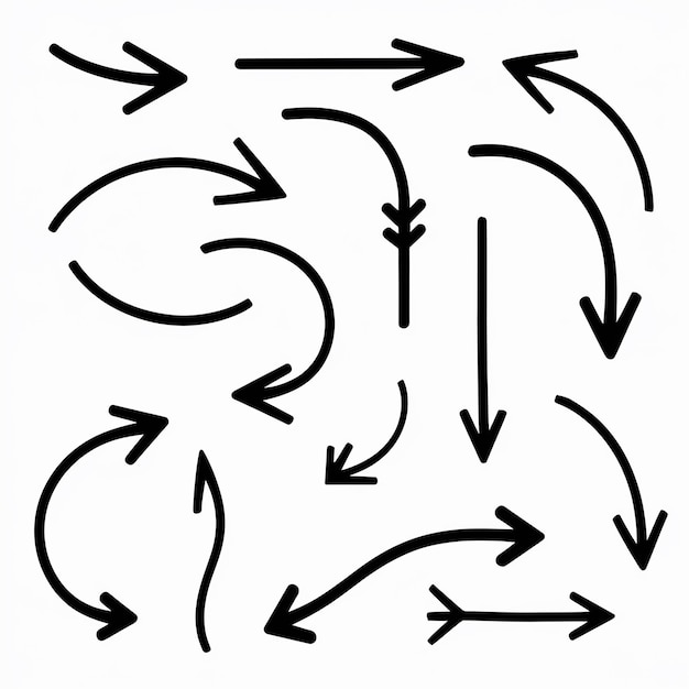 Plik wektorowy asortyment dynamicznych czarnych strzałek o różnych kierunkach, długości i krzywej
