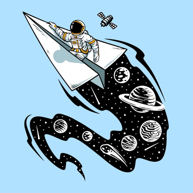 Wektor astronauci latający na ilustracji statków samolot papieru