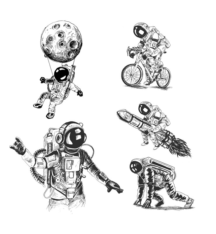 Wektor astronauci misji kosmicznej plakat zestaw ręcznie rysowane szkic ilustracji wektorowych