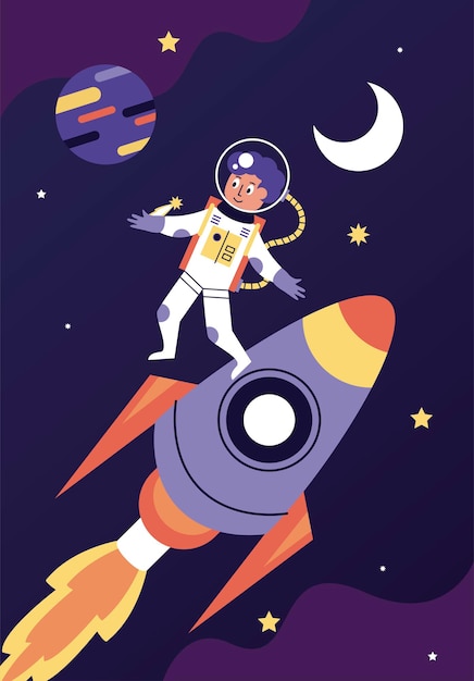 Astronauta Chłopiec I Ilustracja Sceny Kosmicznej Rakiety