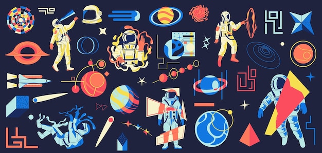 Astronauta Galaxy Futurystyczny psychodeliczny kosmos z kosmonautą lub planetami Abstrakcyjne kosmiczne kształty i statki kosmiczne Astronomia rysunek planetarny Odkrywcy wszechświata wektor zestaw