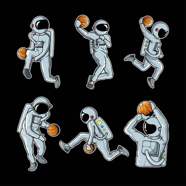 Astronauta gra planeta piłka zestaw ilustracji wektorowych