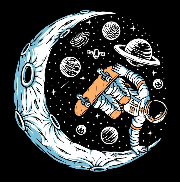 Astronauta na deskorolce na ilustracji księżyca