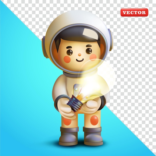Astronauta trzymający świecącą lampę wektorową 3D nadaje się do elementów edukacyjnych i projektowych