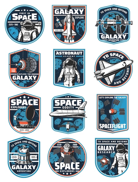 Astronauta w galaktyce, rakieta w kosmosie. Etykiety misji kolonizacyjnych