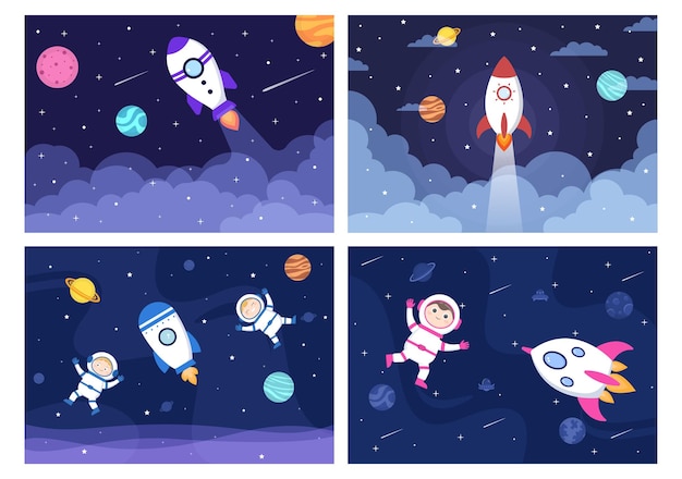 Astronauta W Przestrzeni Kosmicznej Z Ilustracją Rakiety