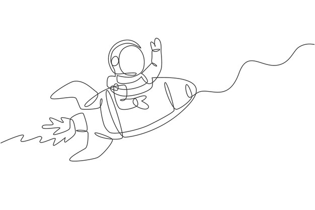 Astronauta w skafandrze kosmicznym machający ręką w przestrzeni kosmicznej z wektorem rakietowym, rysujący pojedynczą linię ciągłą