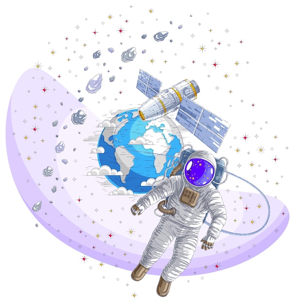 Astronauta Wyszedł Na Otwartą Przestrzeń Połączoną Ze Stacją Kosmiczną I Planetą Ziemską W Tle, Kosmonauta Unoszący Się W Stanie Nieważkości I Statek Kosmiczny Iss, Asteroidy I Gwiazdy. Wektor Na Białym Tle.