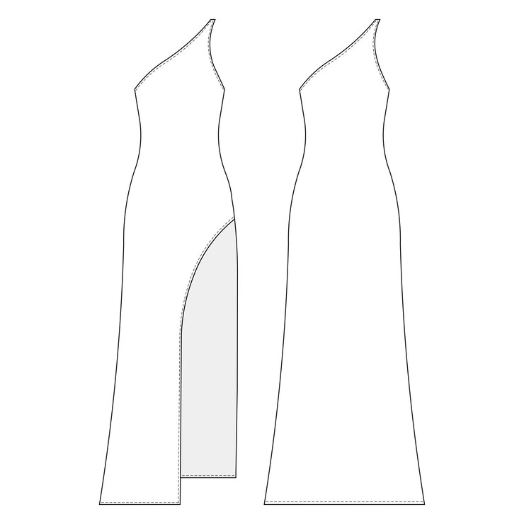 Wektor asymetryczna szyja jeden pas ramion bez rękawów szczelina długa maxi bodycon sukienka sukienka szablon techniczny dr
