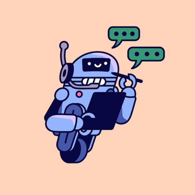 Asystent chatbota Szczęśliwy robot z tabletem robi notatki Rozmowa z sztuczną inteligencją w chatbocie Wirtualny pomocnik pisze odpowiedzi na pytania w messengerze Komunikacja online Ilustracja płaska izolowana wektora