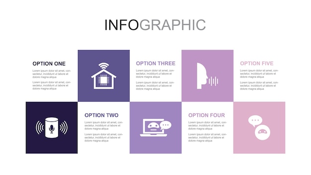Asystent głosowy inteligentny dom wirtualny asystent Rozpoznawanie mowy Ikony asystenta AI Infografika szablon układu projektu Koncepcja kreatywnej prezentacji z 5 krokami