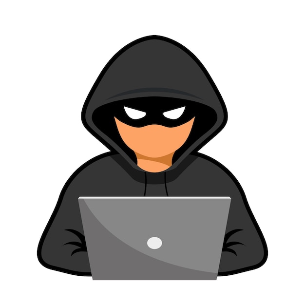 Ataki hakerów i bezpieczeństwo w sieci. Haker, cyberprzestępca z laptopem kradnącym dane osobowe użytkownika.