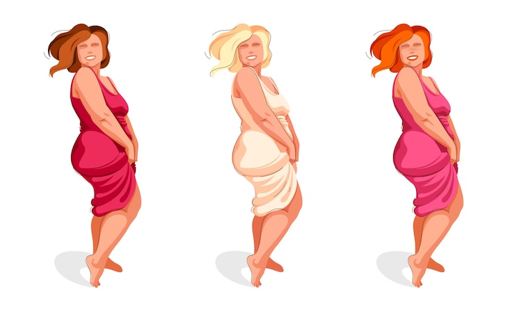 Wektor atrakcyjna i seksowna kobieta plus size na białym, wektor ilustracja koncepcja ciała pozytywność zdrowia i szczęścia, miłości i zaakceptować swój pomysł na ciało, zestaw kolorów włosów.