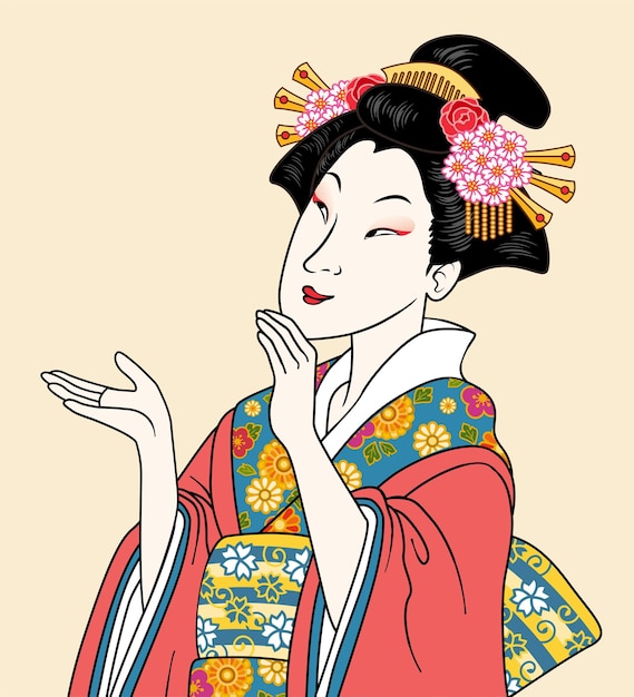 Atrakcyjna kobieta gejsza w stylu ukiyoe ubrana w kimono