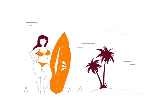 Atrakcyjna Kobieta Plus Rozmiar Na Plaży Trzyma Deskę Surfingową. Pozytywna Koncepcja Ciała Kobiety Lato. Ilustracja Linia Stylu Płaski.