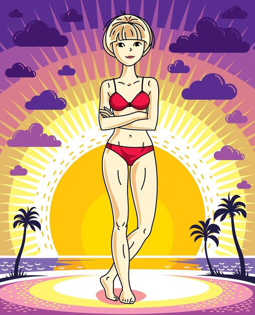 Atrakcyjna Młoda Blond Kobieta Pozowanie Na Tle Zachodu Słońca Krajobraz Z Palmami I Noszenie Czerwonego Bikini. Ilustracja Wektorowa Miła Pani. Dożywotni Motyw Clipart.