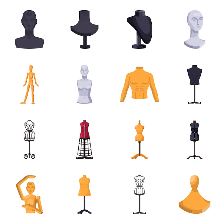 Wektor atrapa kobiet do elementów kreskówki atelier. odosobniona ilustracja mannequin dla krawczyny. zestaw elementów manekina.