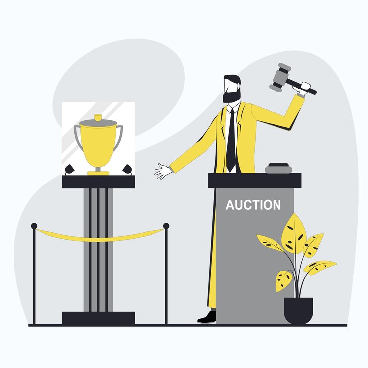 Wektor aukcja biznesmen prowadzi aukcję, a na postumencie obok znajduje się trofeum