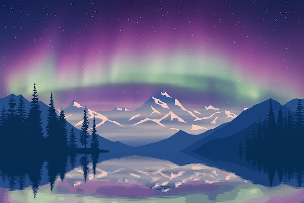 Plik wektorowy aurora borealis odzwierciedlona w wodzie ilustracja zimowych wakacji