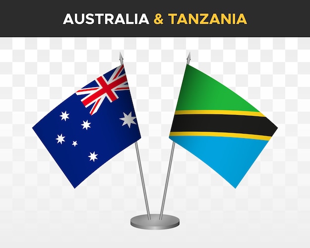 Australia Vs Tanzania Flagi Na Biurko Makieta Na Białym Tle 3d Wektor Ilustracja Flagi Stołowe