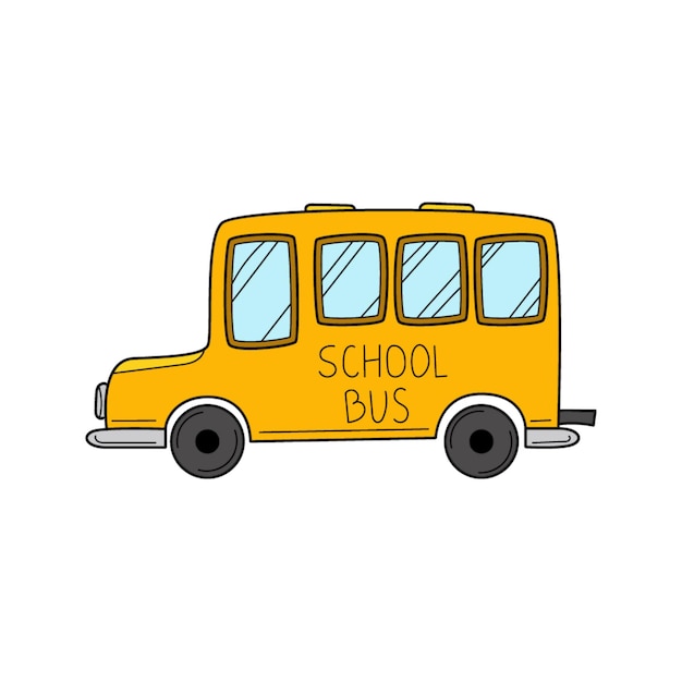 Autobus Szkolny W Stylu Doodle. Ilustracja Wektorowa Kolorowe Rysowane Ręcznie.