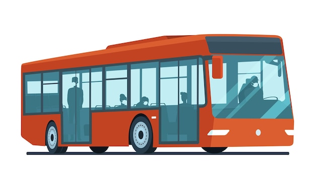 Autobus Z Pasażerami W Maskach Medycznych Na Białym Tle. Ilustracja Wektorowa.