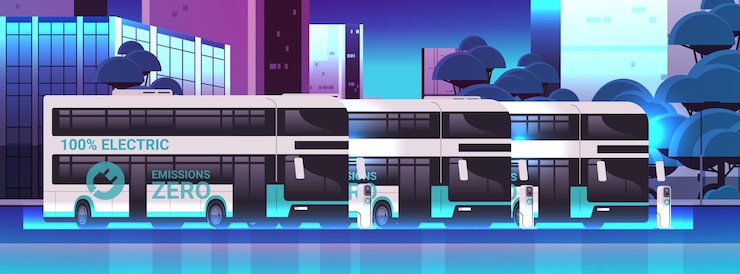 Wektor autobusy elektryczne ładujące pojazdy akumulatorowe w ładowarce ładującej ładowarkę ev zarządzanie zrównoważonym transportem