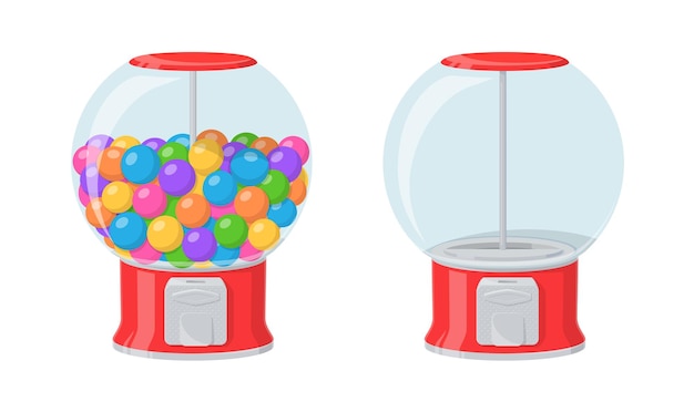 Plik wektorowy automat gumball, czerwony dozownik z kolorowymi gumami balonowymi i słodyczami. wektor kreskówka zestaw pusty automat i pełen okrągłych cukierków do żucia na białym tle