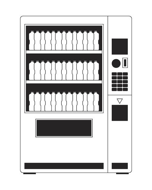 Automat z butelkami wody płaski monochromatyczny odizolowany obiekt wektorowy Sprzedawca z napojami Edytowalny rysunek sztuki linii czarno-białej Prosta ilustracja punktów konturowych do projektowania graficznego sieci