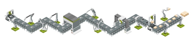 Automatyczna fabryka z linią przenośnikową i zrobotyzowanymi ramionami Proces montażu Ilustracja wektorowa