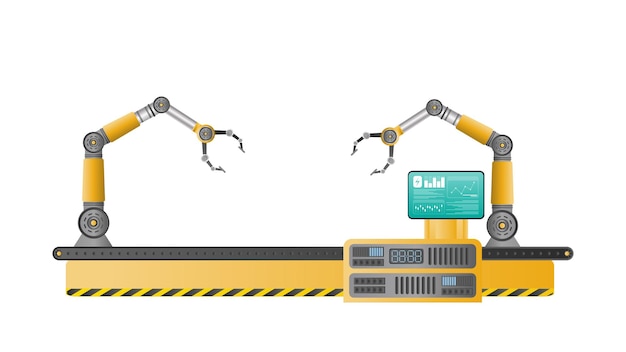 Automatyczna Linia Produkcyjna Przenośnika Pełna Z Manipulatorami Robotów. Praca Automatyczna. Manipulator Robota Przemysłowego. Nowoczesna Technologia Przemysłowa. Urządzenia Dla Zakładów Produkcyjnych. Na Białym Tle, Wektor