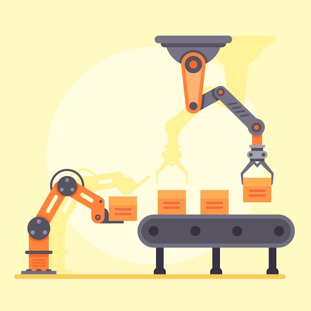 Automatyczne ramiona robotowe podnoszą i poruszają pudełka na linii montażowej wewnątrz fabryki reprezentującej przemysł automatyki 40 sztuczna inteligencja i inteligentne produkcja