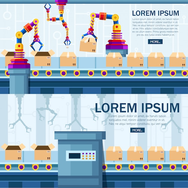 Automatyka Przemysłowa. Technologia Ramienia Robota Na Linii Montażowej. Zautomatyzowane Ramiona. Zrobotyzowany Przenośnik Taśmowy Do Pakowania Produktów W Pudełka Kartonowe. Ilustracja. Strona Internetowa I Aplikacja