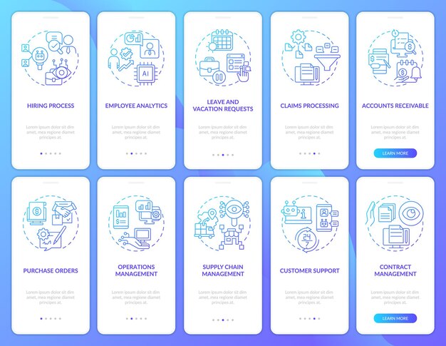 Automatyzacja biznesowa zestaw ekranów aplikacji mobilnej z niebieskim gradientem Przejście 5 kroków z instrukcjami graficznymi strony z koncepcjami liniowymi Szablon UI UX GUI Myriad ProBold Użyte zwykłe czcionki
