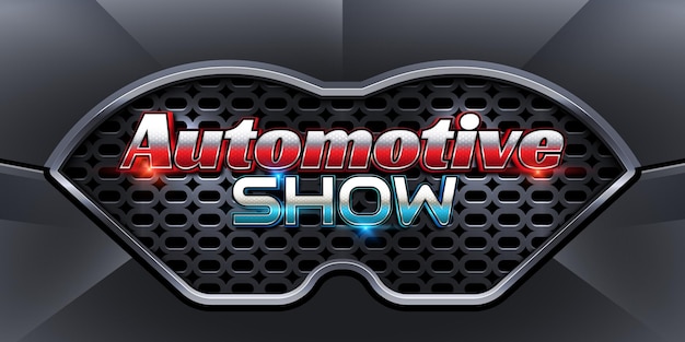 Plik wektorowy automotive show 3d efekt tekstowy logo z realistycznym nowoczesnym tłem grilla samochodowego