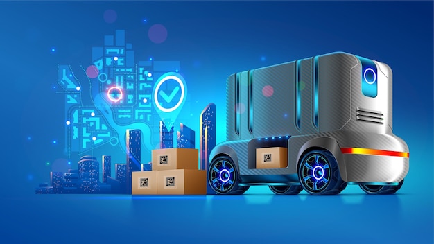 Autonomiczny pojazd dostawczy przyszłości Usługa transportu ładunków do nabywcy Samobieżąca ciężarówka robotyczna Futuristyczna koncepcja logistyczna Innowacja technologia samochodowa bez kierowcy