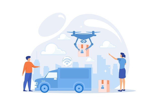 Plik wektorowy autonomiczny samochód dostawczy z czujnikami dron dostarczający usługę dowozu na camping nowoczesne usługi kurierskie