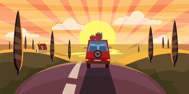 Plik wektorowy autostrada podróż lato zachód słońca droga morska do morza ocean samochód ładny krajobraz kreskówka plakat w stylu