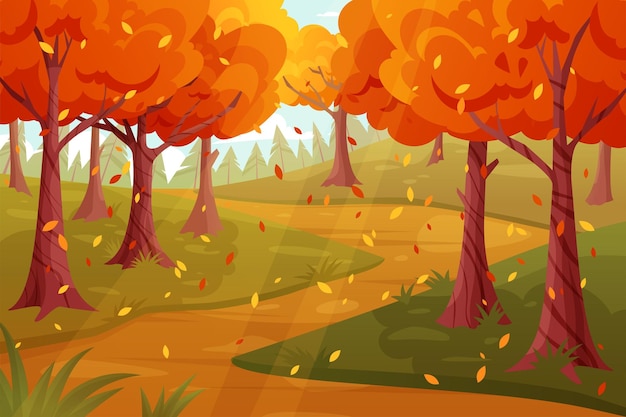 Autumn landscape Fall forest Cartoon leafy scene Park z pomarańczowymi drzewami Oddział żółtego liściastego liściastwa Garden road Flying leaves Natural panorama Vector garish background