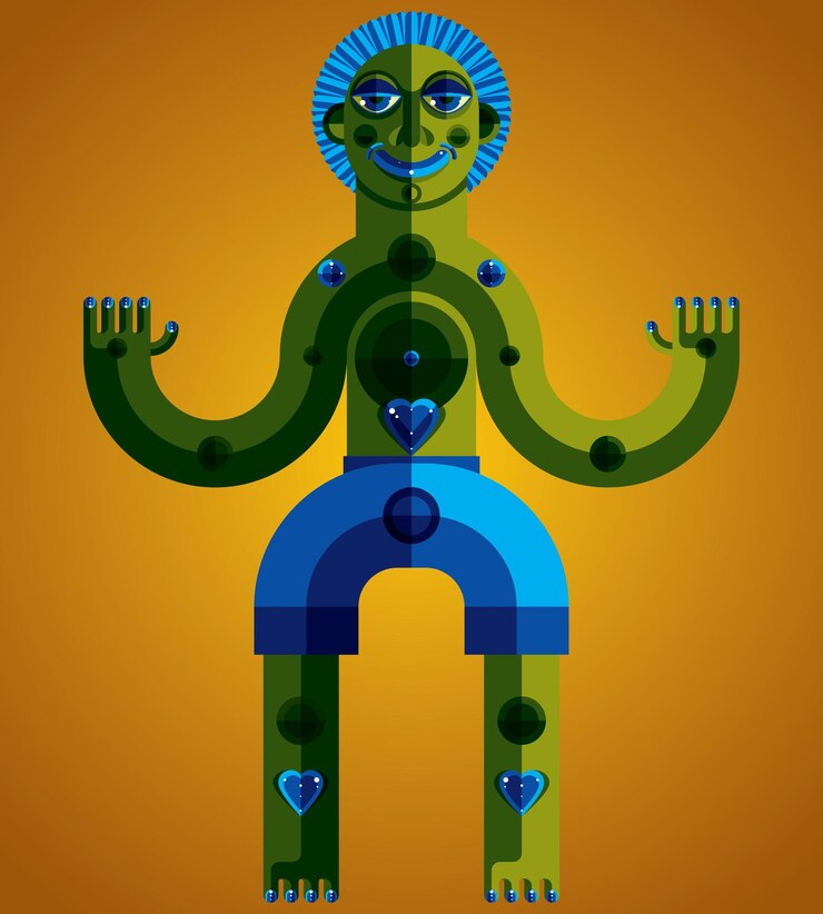 Wektor awangardowy awatar, kolorowy rysunek stworzony w stylu kubizmu. modernistyczny portret geometryczny, ilustracji wektorowych idola. motyw jogi i medytacji.