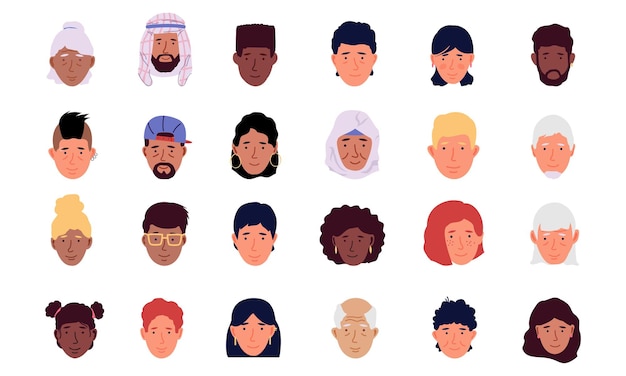 Awatar Użytkownika Cartoon Mężczyźni I Kobiety Nowoczesne Ikony Portrety Ludzkie Dla Sieci Społecznościowych Minimalne Głowy Z Akcesoriami Nakrycia Głowy I Fryzury Zestaw Twarzy Brunetek I Blondynki