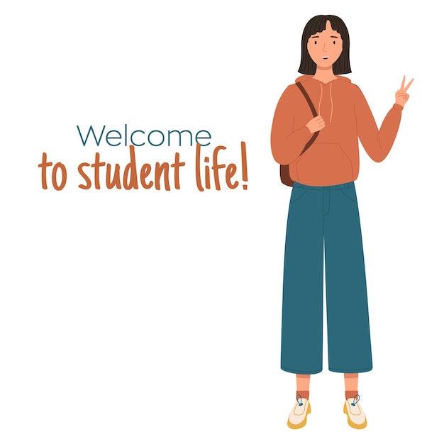 Azjatycka młoda dziewczyna w ubraniach casual Student koncepcja postaci Witamy w życiu studenckim cytat ilustracji wektorowych