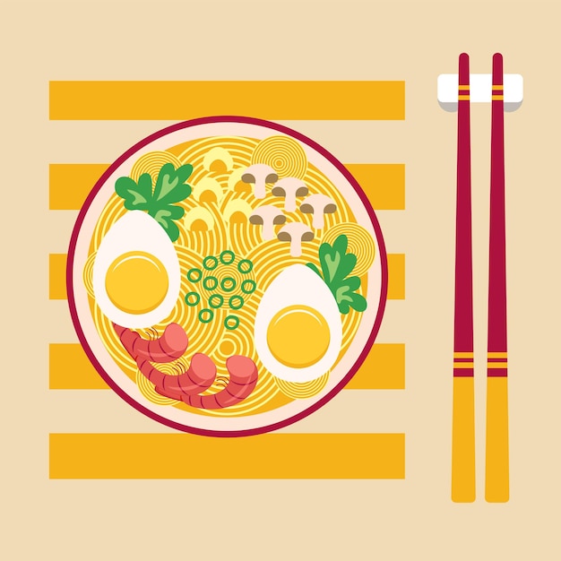 Azjatyckie Jedzenie Japoński Ramen Z Krewetkami I Jajkami W Stylu Płaskiej Kreskówki