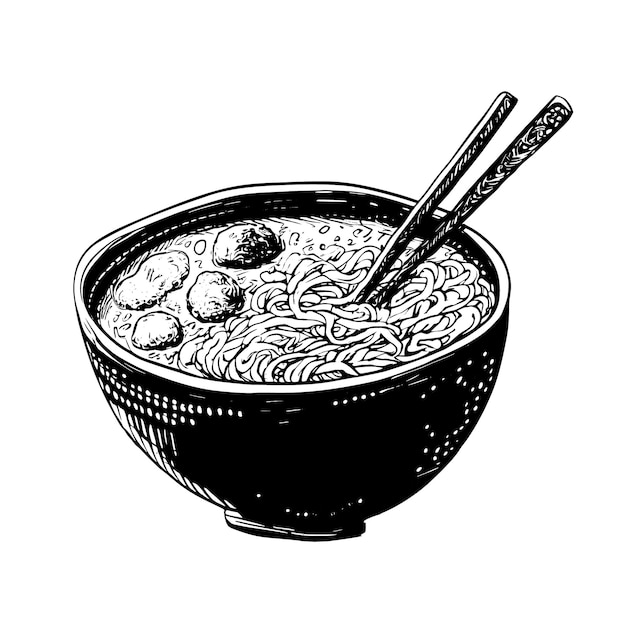 Azjatyckie jedzenie Ramen i pałeczki Vintage Ręcznie rysowane ilustracji