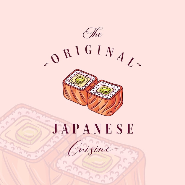 Azjatyckie Jedzenie Streszczenie Logo Szablon Ręcznie Rysowane Sushi Sashimi Roll I Nowoczesna Typografia Kuchnia Japońska Wektor Godło Koncepcja Białym Tle