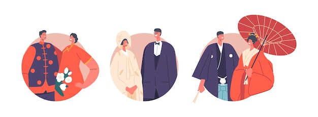 Azjatyckie Pary Nowożeńców Okrągłe Ikony Tradycje Małżeńskie I Kultura Tradycyjny Japoński ślub Panna Młoda I Pan Młody